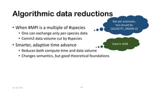 Algorithmic data reductions
• When #MPI is a multiple of #species
• One can exchange only per-species data
• Comm2 data volume cut by #species
• Smarter, adaptive time advance
• Reduces both compute time and data volume
• Changes semantics, but good theoretical foundations
Jan 18, 2022 18
Used in sh04
Not yet automatic,
but should be
(VELOCITY_ORDER=2)
 
