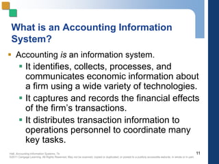 Hall, Accounting Information Systems, 7e
©2011 Cengage Learning. All Rights Reserved. May not be scanned, copied or duplicated, or posted to a publicly accessible website, in whole or in part.
What is an Accounting Information
System?
 Accounting is an information system.
 It identifies, collects, processes, and
communicates economic information about
a firm using a wide variety of technologies.
 It captures and records the financial effects
of the firm’s transactions.
 It distributes transaction information to
operations personnel to coordinate many
key tasks.
11
 