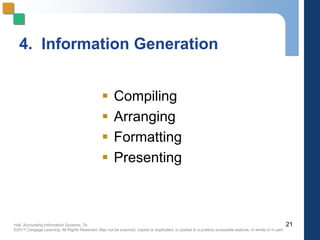 Hall, Accounting Information Systems, 7e
©2011 Cengage Learning. All Rights Reserved. May not be scanned, copied or duplicated, or posted to a publicly accessible website, in whole or in part.
4. Information Generation
 Compiling
 Arranging
 Formatting
 Presenting
21
 