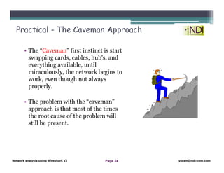 Network Analysis Using Wireshark Version 2Network Analysis using Wireshark V.2 yoram@ndi-com.com
Network analysis using Wireshark V2 yoram@ndi-com.comPage 24
• The “Caveman” first instinct is start
swapping cards, cables, hub's, and
everything available, until
miraculously, the network begins to
work, even though not always
properly.
• The problem with the “caveman”
approach is that most of the times
the root cause of the problem will
still be present.
Practical - The Caveman Approach
 
