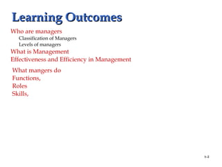 1–2
Learning OutcomesLearning Outcomes
Who are managers
Classification of Managers
Levels of managers
What is Management
Effectiveness and Efficiency in Management
What mangers do
Functions,
Roles
Skills,
 