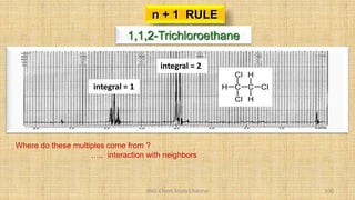 BNG-Chem Study Channel 100
n + 1 RULE
1,1,2-Trichloroethane
C C
H
Cl
Cl H
H
Cl
integral = 2
integral = 1
Where do these multiples come from ?
….. interaction with neighbors
 