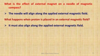 What is the effect of external magnet on a needle of magnetic
compass?
 The needle will align along the applied external magnetic field.
What happens when proton is placed in an external magnetic field?
 It must also align along the applied external magnetic field.
21
BNG-Chem Study Channel
 