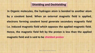 BNG-Chem Study Channel 68
Shielding and Deshielding
In Organic molecules, the hydrogen atom is bonded to another atom
by a covalent bond. When an external magnetic field is applied,
electrons forming covalent bond generate secondary magnetic field
i.e. induced magnetic field which opposes the applied magnetic field.
Hence, the magnetic field felt by the proton is less than the applied
magnetic field and is said to be shielded proton
 