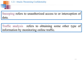 1.15
1.2.1 Attacks Threatening Confidentiality
Snooping refers to unauthorized access to or interception of
data.
Traffic analysis refers to obtaining some other type of
information by monitoring online traffic.
 
