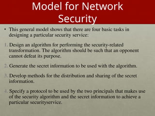 Model for Network
Security
• This general model shows that there are four basic tasks in
designing a particular security service:
1. Design an algorithm for performing the security-related
transformation. The algorithm should be such that an opponent
cannot defeat its purpose.
2. Generate the secret information to be used with the algorithm.
3. Develop methods for the distribution and sharing of the secret
information.
4. Specify a protocol to be used by the two principals that makes use
of the security algorithm and the secret information to achieve a
particular securityservice.
 