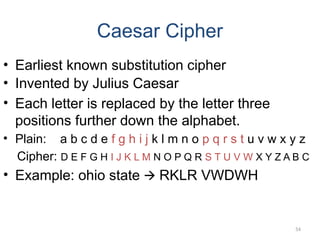 Caesar Cipher
• Earliest known substitution cipher
• Invented by Julius Caesar
• Each letter is replaced by the letter three
positions further down the alphabet.
• Plain: a b c d e f g h i j k l m n o p q r s t u v w x y z
Cipher: D E F G H I J K L M N O P Q R S T U V W X Y Z A B C
• Example: ohio state RKLR VWDWH
🡪
54
 