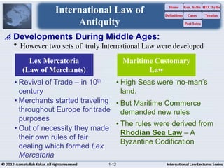  Developments During Middle Ages:
However two sets of truly International Law were developed
Lex Mercatoria
(Law of Merchants)
Maritime Customary
Law
• Revival of Trade – in 10th
century
• High Seas were ‘no-man’s
land.
• Merchants started traveling
throughout Europe for trade
purposes
• Out of necessity they made
their own rules of fair
dealing which formed Lex
Mercatoria
• But Maritime Commerce
demanded new rules
• The rules were derived from
Rhodian Sea Law – A
Byzantine Codification
International Law of
Antiquity
Home
Definitions
Gen. Sylbs
Cases
Part Intro
HEC Sylbs
Treaties
1-12
 