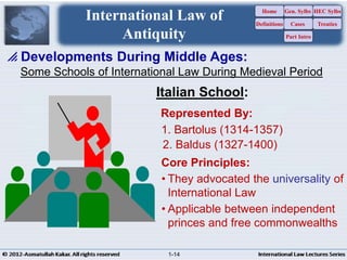 Some Schools of International Law During Medieval Period
 Developments During Middle Ages:
International Law of
Antiquity
Italian School:
Represented By:
1. Bartolus (1314-1357)
2. Baldus (1327-1400)
• They advocated the universality of
International Law
• Applicable between independent
princes and free commonwealths
Core Principles:
Home
Definitions
Gen. Sylbs
Cases
Part Intro
HEC Sylbs
Treaties
1-14
 