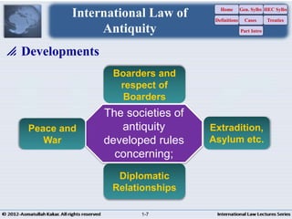  Developments
Peace and
War
Diplomatic
Relationships
Boarders and
respect of
Boarders
Extradition,
Asylum etc.
The societies of
antiquity
developed rules
concerning;
International Law of
Antiquity
Home
Definitions
Gen. Sylbs
Cases
Part Intro
HEC Sylbs
Treaties
1-7
 