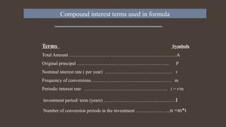 Compound interest terms used in formula
Terms Symbols
Total Amount …………………….. ……………………………………A
Original principal ………………………………………………….. P
Nominal interest rate ( per year) ……………………………………. r
Frequency of conversions……………………………………………. m
Periodic interest rate …………………………………………….. i = r/m
investment period/ term (years) …………………………….…………t
Number of conversion periods in the investment ……………… ....n =m*t
 