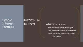 Simple
Interest
Formula
I=P*i*n or
I= P*r*t where: I= interest
P=Present value/Principal
i/r= Periodic Rate of Interest
n/t= Term of the loan/Time
in Years
 