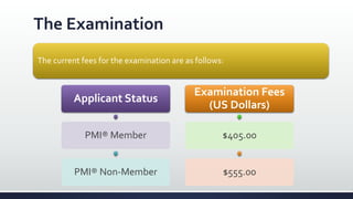The Examination
The current fees for the examination are as follows:
Applicant Status
PMI® Member
PMI® Non-Member
Examination Fees
(US Dollars)
$405.00
$555.00
 