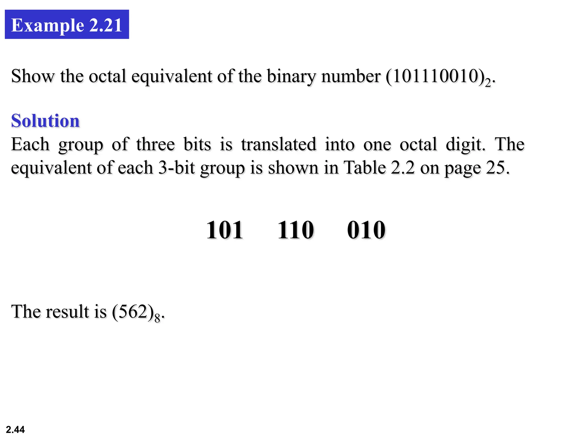 2.44
Example 2.21
Show the octal equivalent of the binary number (101110010)2.
Solution
Each group of three bits is translated into one octal digit. The
equivalent of each 3-bit group is shown in Table 2.2 on page 25.
The result is (562)8.
101 110 010
 
