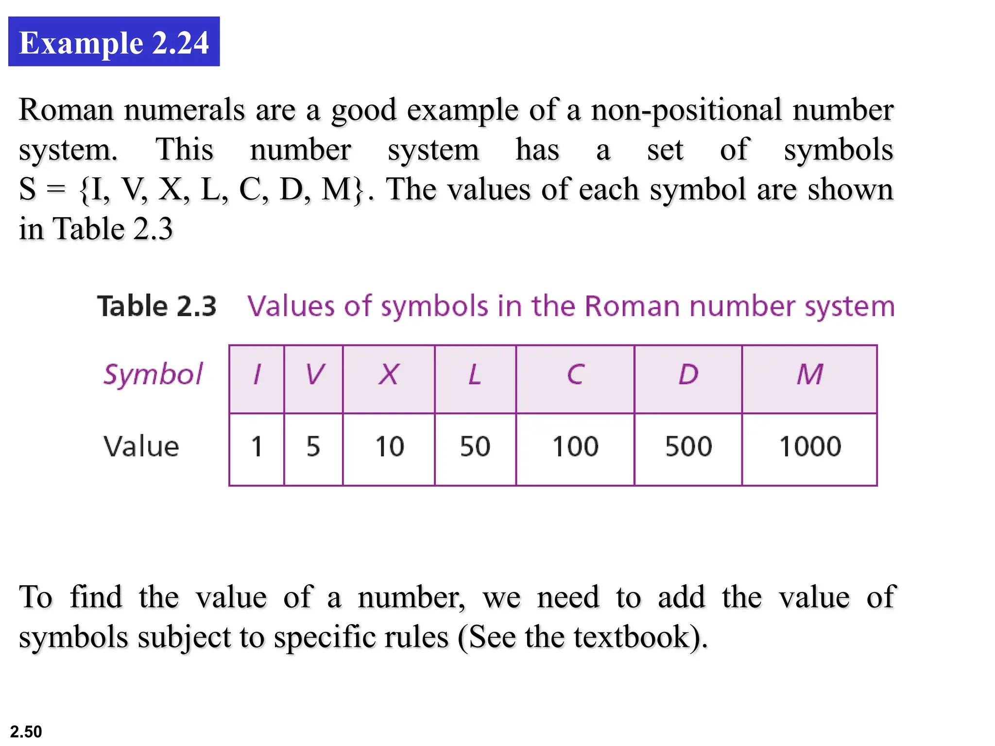 2.50
Example 2.24
Roman numerals are a good example of a non-positional number
system. This number system has a set of symbols
S = {I, V, X, L, C, D, M}. The values of each symbol are shown
in Table 2.3
To find the value of a number, we need to add the value of
symbols subject to specific rules (See the textbook).
 