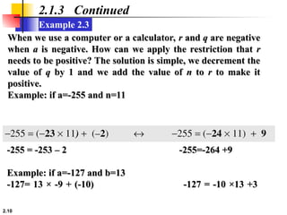 2.10
Example 2.3
2.1.3 Continued
When we use a computer or a calculator,
When we use a computer or a calculator, r
r and
and q
q are negative
are negative
when
when a
a is negative. How can we apply the restriction that
is negative. How can we apply the restriction that r
r
needs to be positive? The solution is simple, we decrement the
needs to be positive? The solution is simple, we decrement the
value of
value of q
q by 1 and we add the value of
by 1 and we add the value of n
n to
to r
r to make it
to make it
positive.
positive.
Example: if a=-255 and n=11
Example: if a=-255 and n=11
-255 = -253 – 2
-255 = -253 – 2 -255=-264 +9
-255=-264 +9
Example: if a=-127 and b=13
Example: if a=-127 and b=13
-127= 13 × -9 + (-10)
-127= 13 × -9 + (-10) -127 = -10 ×13 +3
-127 = -10 ×13 +3
 