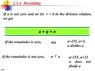 2.12
If a is not zero and we let r = 0 in the division relation,
we get
2.1.4 Divisbility
a = q × n
If the remainder is zero,
If the remainder is not zero, a=255, n=23
n does not
divide a
a=255, n=5,
n divides a
n|a
n a
 