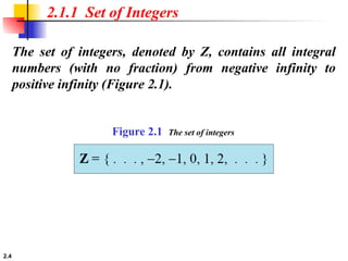2.4
The set of integers, denoted by Z, contains all integral
numbers (with no fraction) from negative infinity to
positive infinity (Figure 2.1).
2.1.1 Set of Integers
Figure 2.1 The set of integers
 