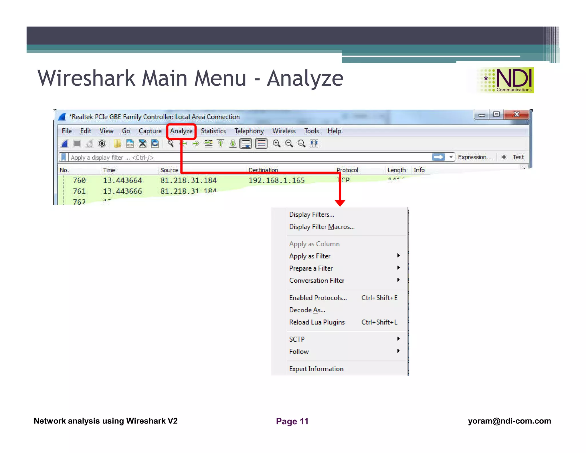 Network Analysis Using Wireshark Version 2Network Analysis using Wireshark V.2 yoram@ndi-com.com
Network analysis using Wireshark V2 yoram@ndi-com.comPage 11
Wireshark Main Menu - Analyze
 