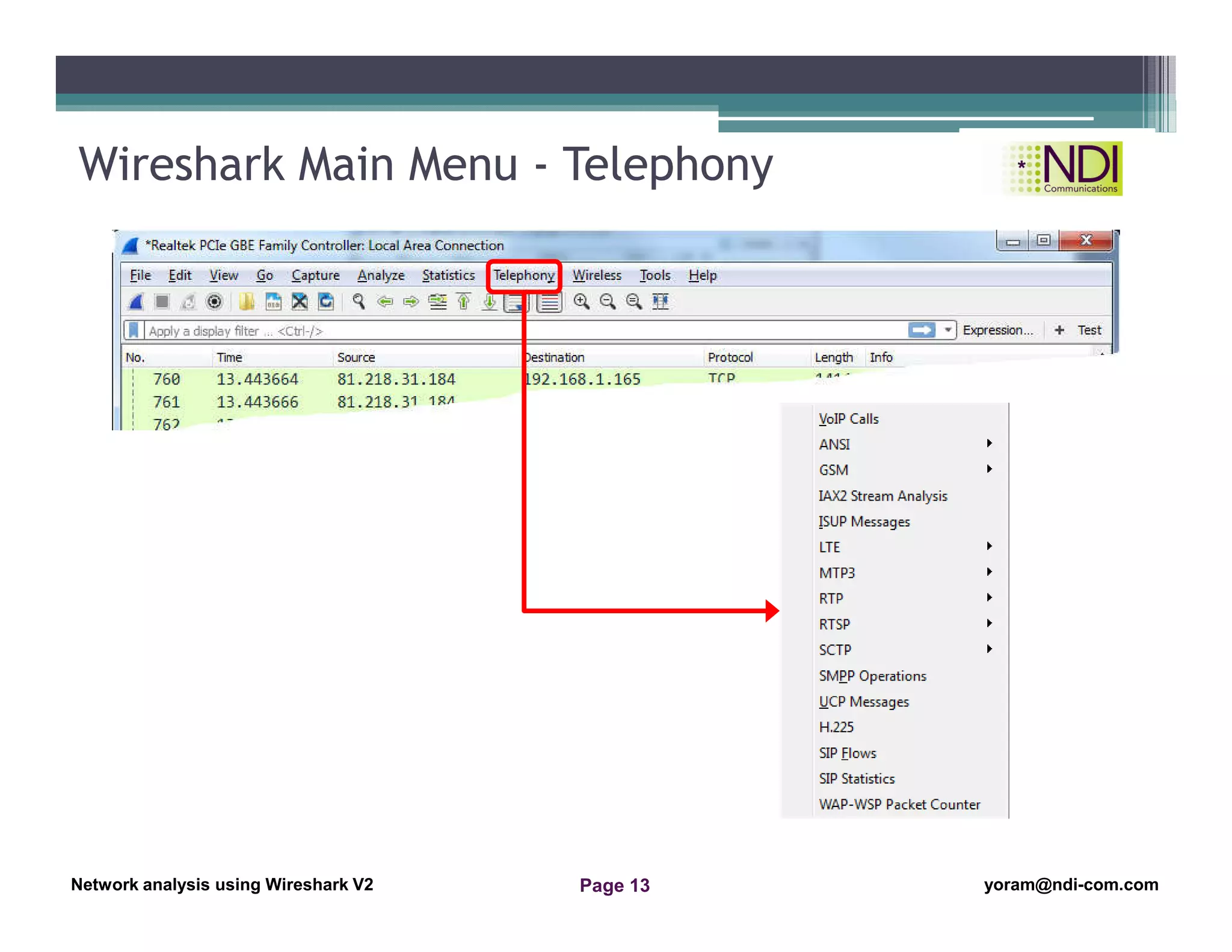 Network Analysis Using Wireshark Version 2Network Analysis using Wireshark V.2 yoram@ndi-com.com
Network analysis using Wireshark V2 yoram@ndi-com.comPage 13
Wireshark Main Menu - Telephony
 