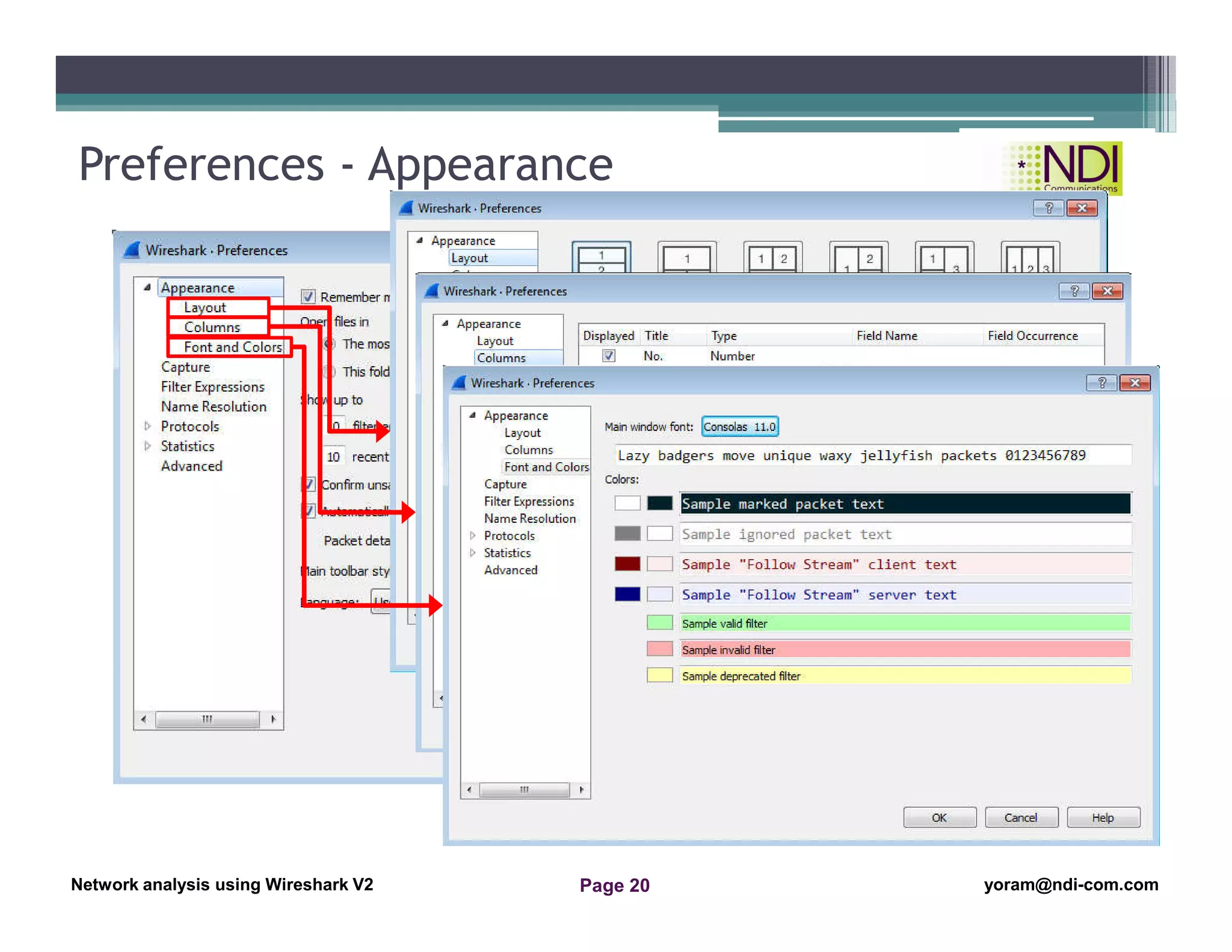 Network Analysis Using Wireshark Version 2Network Analysis using Wireshark V.2 yoram@ndi-com.com
Network analysis using Wireshark V2 yoram@ndi-com.comPage 20
Preferences - Appearance
 