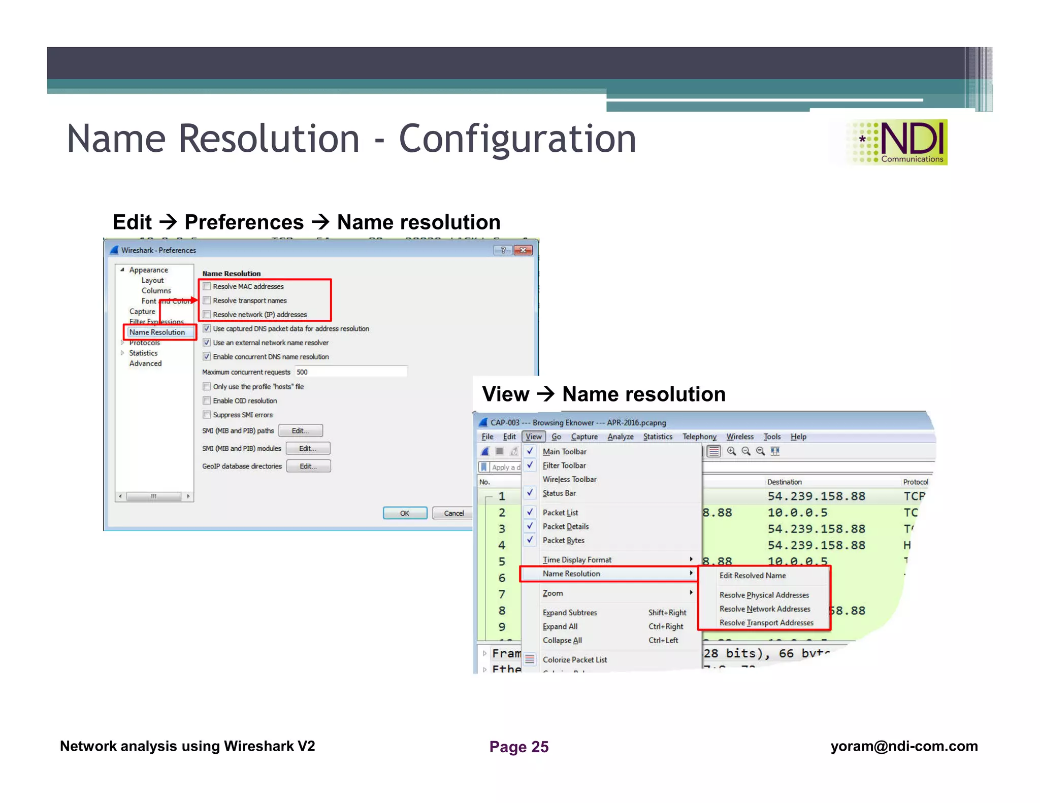 Network Analysis Using Wireshark Version 2Network Analysis using Wireshark V.2 yoram@ndi-com.com
Network analysis using Wireshark V2 yoram@ndi-com.comPage 25
Name Resolution - Configuration
Edit  Preferences  Name resolution
View  Name resolution
 