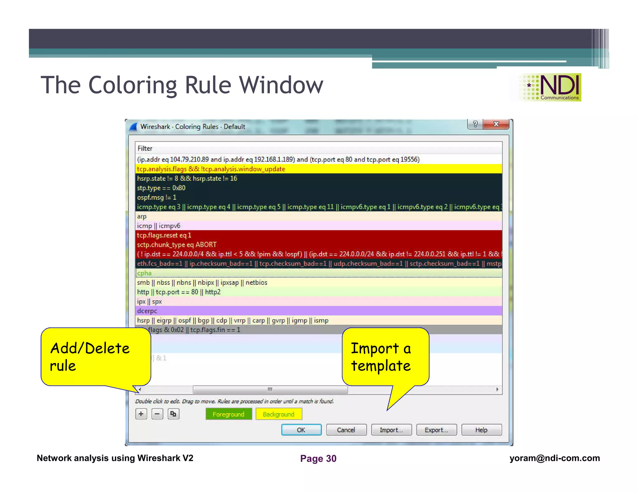 Network Analysis Using Wireshark Version 2Network Analysis using Wireshark V.2 yoram@ndi-com.com
Network analysis using Wireshark V2 yoram@ndi-com.comPage 30
The Coloring Rule Window
Add/Delete
rule
Import a
template
 