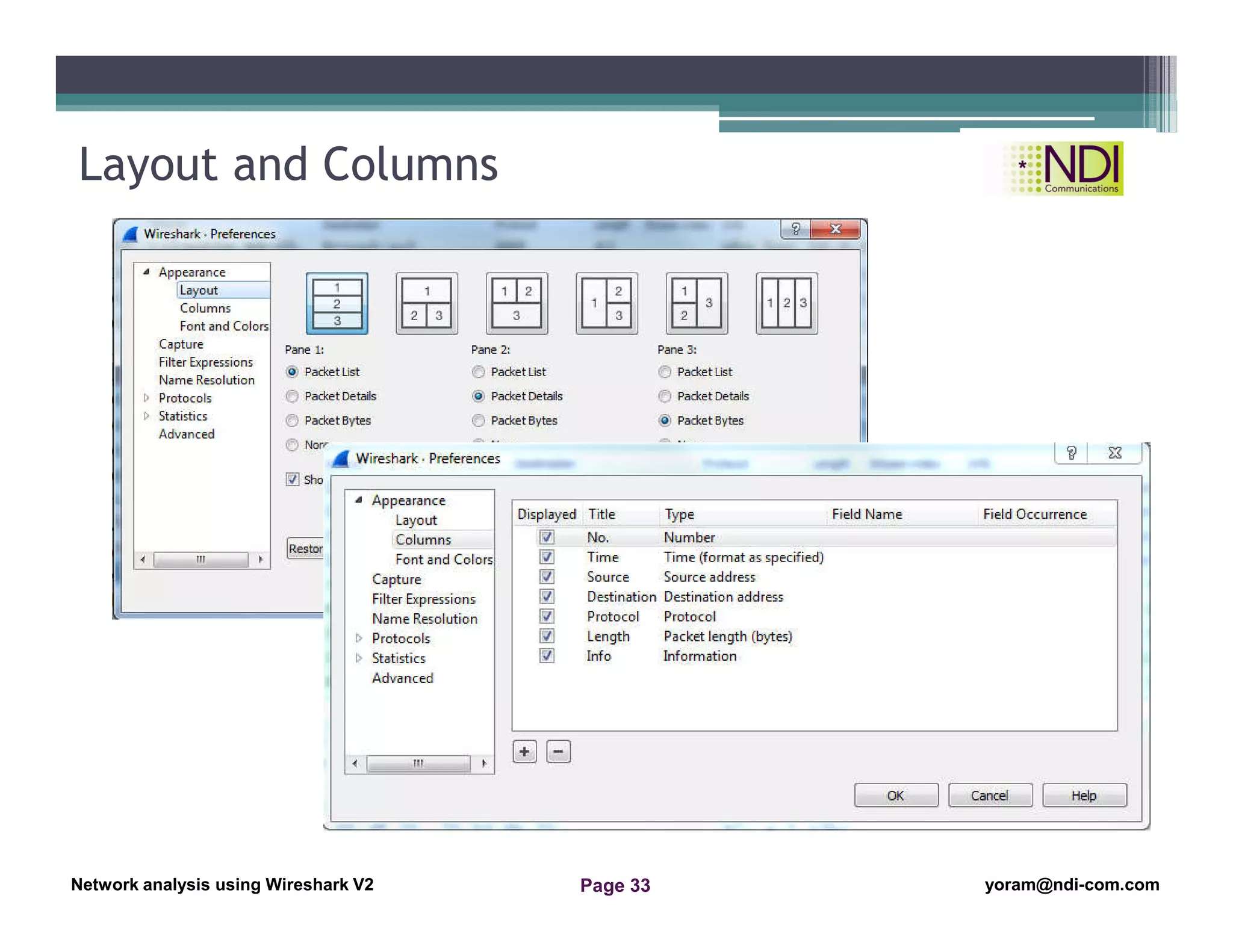 Network Analysis Using Wireshark Version 2Network Analysis using Wireshark V.2 yoram@ndi-com.com
Network analysis using Wireshark V2 yoram@ndi-com.comPage 33
Layout and Columns
 