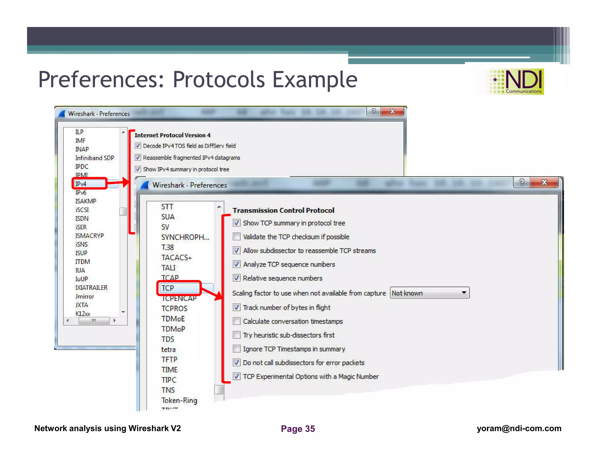 Network Analysis Using Wireshark Version 2Network Analysis using Wireshark V.2 yoram@ndi-com.com
Network analysis using Wireshark V2 yoram@ndi-com.comPage 35
Preferences: Protocols Example
 