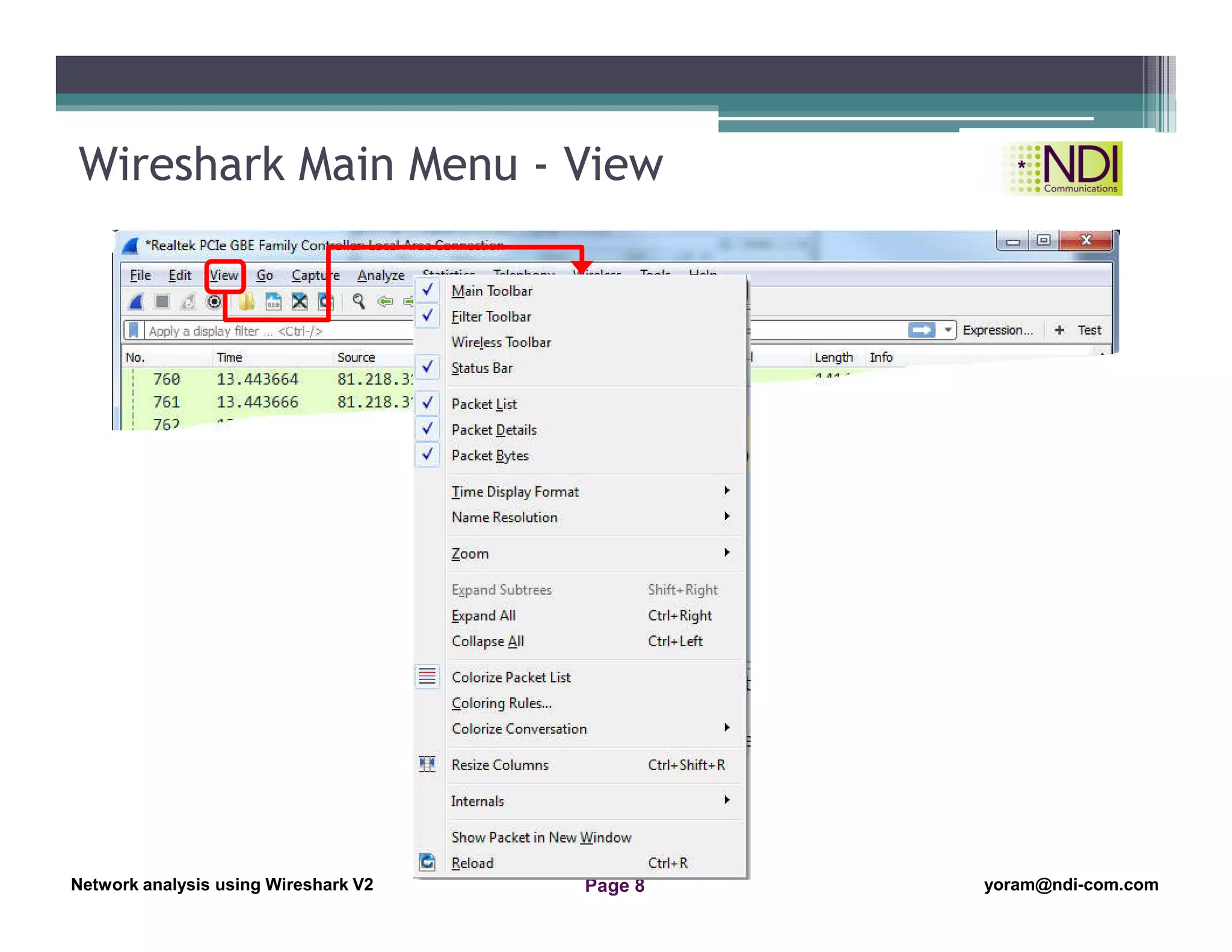 Network Analysis Using Wireshark Version 2Network Analysis using Wireshark V.2 yoram@ndi-com.com
Network analysis using Wireshark V2 yoram@ndi-com.comPage 8
Wireshark Main Menu - View
 