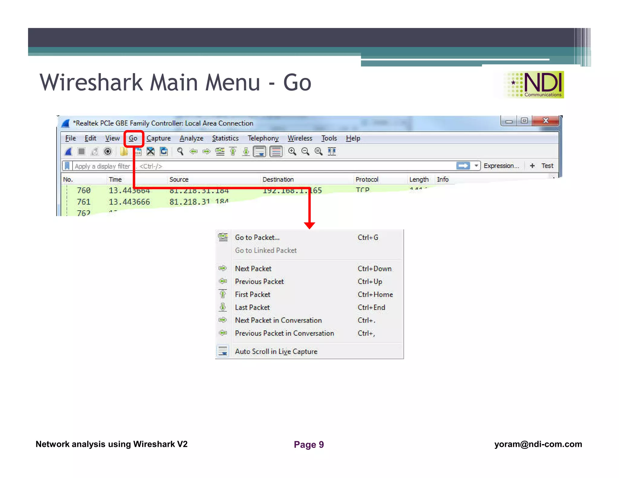 Network Analysis Using Wireshark Version 2Network Analysis using Wireshark V.2 yoram@ndi-com.com
Network analysis using Wireshark V2 yoram@ndi-com.comPage 9
Wireshark Main Menu - Go
 