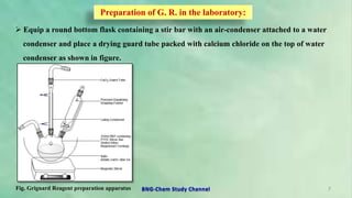 Preparation of G. R. in the laboratory:
 Equip a round bottom flask containing a stir bar with an air-condenser attached to a water
condenser and place a drying guard tube packed with calcium chloride on the top of water
condenser as shown in figure.
Fig. Grignard Reagent preparation apparatus 7
BNG-Chem Study Channel
 