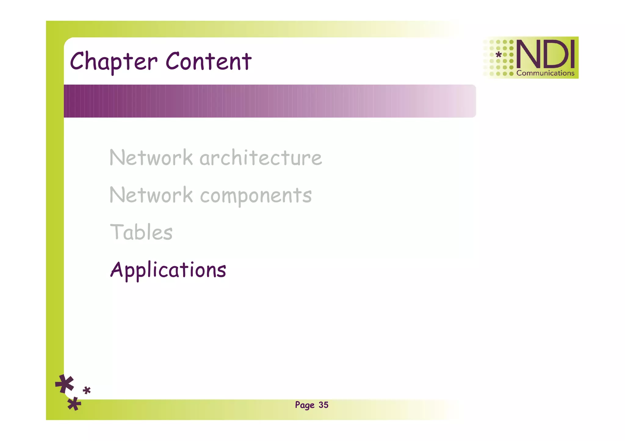 Page 35
Chapter Content
Network architecture
Network components
Tables
Applications
 