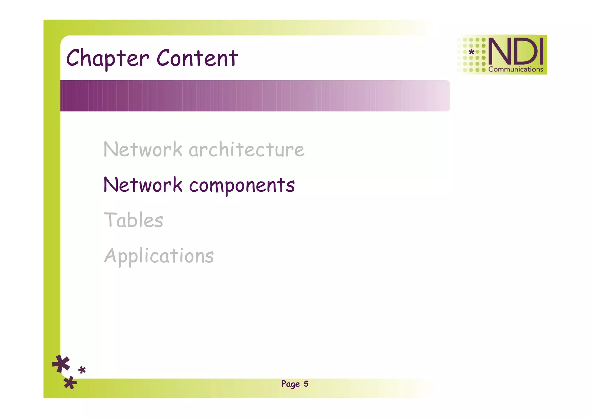 Page 5
Chapter Content
Network architecture
Network components
Tables
Applications
 