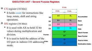 EXECUTION UNIT – General Purpose Registers
 CX register (16 bits):
 It holds count for instructions like
loop, rotate, shift and string
operations.
 DX register (16 bits):
 It is used with AX to hold 32 bit
values during multiplication and
division.
 It is used to hold the address of the
I/O port in indirect I/O addressing
mode.
 