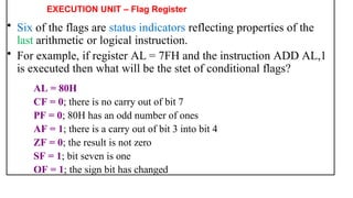 EXECUTION UNIT – Flag Register
• Six of the flags are status indicators reflecting properties of the
last arithmetic or logical instruction.
• For example, if register AL = 7FH and the instruction ADD AL,1
is executed then what will be the stet of conditional flags?
AL = 80H
CF = 0; there is no carry out of bit 7
PF = 0; 80H has an odd number of ones
AF = 1; there is a carry out of bit 3 into bit 4
ZF = 0; the result is not zero
SF = 1; bit seven is one
OF = 1; the sign bit has changed
 