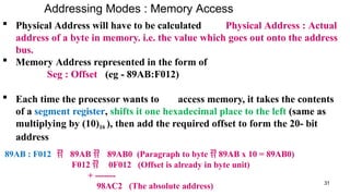 Addressing Modes : Memory Access
31
 Physical Address will have to be calculated Physical Address : Actual
address of a byte in memory. i.e. the value which goes out onto the address
bus.
 Memory Address represented in the form of
Seg : Offset (eg - 89AB:F012)
 Each time the processor wants to access memory, it takes the contents
of a segment register, shifts it one hexadecimal place to the left (same as
multiplying by (10)16 ), then add the required offset to form the 20- bit
address
89AB : F012  89AB  89AB0 (Paragraph to byte  89AB x 10 = 89AB0)
F012  0F012 (Offset is already in byte unit)
+ -------
98AC2 (The absolute address)
 