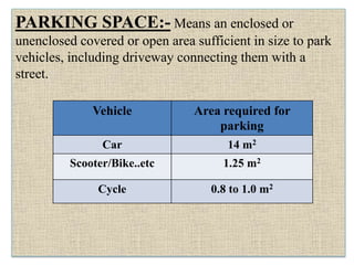 PARKING SPACE:- Means an enclosed or
unenclosed covered or open area sufficient in size to park
vehicles, including driveway connecting them with a
street.
Vehicle Area required for
parking
Car 14 m2
Scooter/Bike..etc 1.25 m2
Cycle 0.8 to 1.0 m2
 