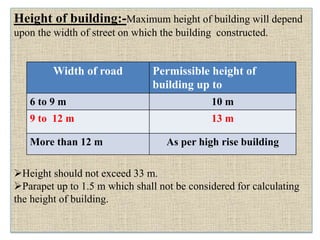 Height of building:-Maximum height of building will depend
upon the width of street on which the building constructed.
Height should not exceed 33 m.
Parapet up to 1.5 m which shall not be considered for calculating
the height of building.
Width of road Permissible height of
building up to
6 to 9 m 10 m
9 to 12 m 13 m
More than 12 m As per high rise building
 
