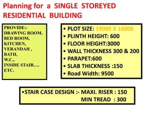 Planning for a SINGLE STOREYED
RESIDENTIAL BUILDING
• PLOT SIZE: 19000 X 16000
• PLINTH HEIGHT: 600
• FLOOR HEIGHT:3000
• WALL THICKNESS 300 & 200
• PARAPET:600
• SLAB THICKNESS :150
• Road Width: 9500
•STAIR CASE DESIGN :- MAXI. RISER : 150
MIN TREAD : 300
PROVIDE:-
DRAWING ROOM,
BED ROOM,
KITCHEN,
VERANDAH ,
BATH,
W.C.,
INSIDE STAIR….
ETC.
 