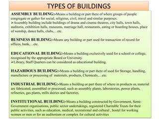 TYPES OF BUILDINGS
ASSEMBLY BUILDING:-Means a building or part there of where groups of people
congregate or gather for social, religious, civil, travel and similar purposes.
Assembly building include buildings of drama and cinema theatres, city halls, town halls,
auditoria, exhibition halls, museums, marriage hall, restaurants, eating or boarding houses, place
of worship, dance halls, clubs,…etc.
BUSINESS BUILDING:-Means any building or part used for transaction of record for
offices, bank,…etc.
EDUCATIONAL BUILDING:-Means a building exclusively used for a school or college,
recognised by the appropriate Board or University.
Library, Staff Quarters can be considered as educational building.
HAZARDOUS BUILDING:-Means a building or part there of used for Storage, handling,
manufacture or processing of materials, products, Chemicals,…etc.
INDUSTRIAL BUILDING:-Means a building or part there of where in products or, material
are fabricated, assembled or processed, such as assembly plants, laboratories, power plants,
refineries, gas plants, mills dairies and factories.
INSTITUTIONAL BUILDING:-Means a building constructed by Government, Semi-
Government organisations, public sector undertakings, registered Charitable Trusts for their
public activities, such as education, medical, recreational and cultural , hostel for working
women or men or for an auditorium or complex for cultural activities
 