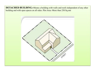 DETACHED BUILDING:-Means a building with walls and roofs independent of any other
building and with open spaces on all sides. Plot Area:-More than 250 Sq.mtr
 