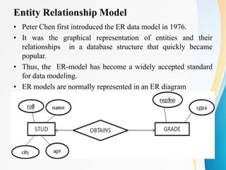 Entity Relationship Model
• Peter Chen first introduced the ER data model in 1976.
• It was the graphical representation of entities and their
relationships in a database structure that quickly became
popular.
• Thus, the ER-model has become a widely accepted standard
for data modeling.
• ER models are normally represented in an ER diagram
 