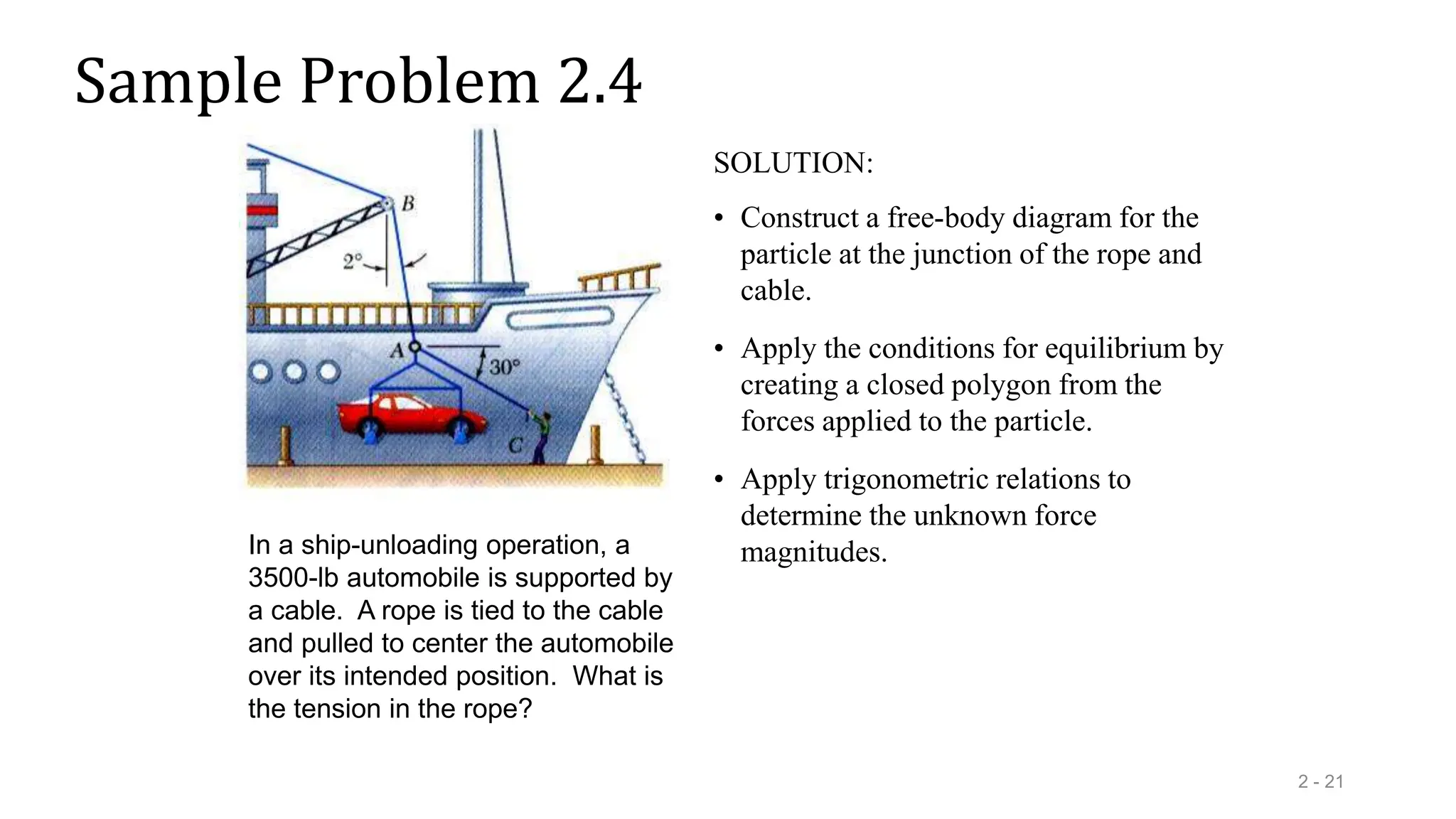 Sample Problem 2.4
2 - 21
In a ship-unloading operation, a
3500-lb automobile is supported by
a cable. A rope is tied to the cable
and pulled to center the automobile
over its intended position. What is
the tension in the rope?
SOLUTION:
• Construct a free-body diagram for the
particle at the junction of the rope and
cable.
• Apply the conditions for equilibrium by
creating a closed polygon from the
forces applied to the particle.
• Apply trigonometric relations to
determine the unknown force
magnitudes.
 