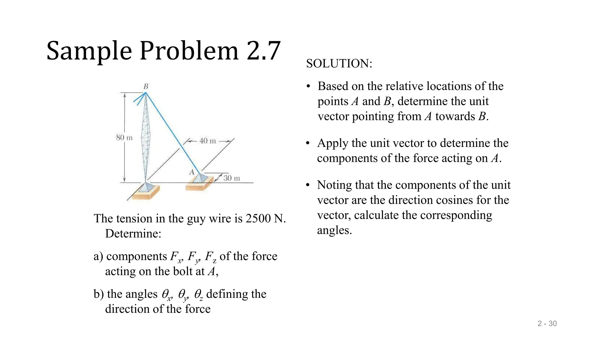 Sample Problem 2.7
2 - 30
The tension in the guy wire is 2500 N.
Determine:
a) components Fx, Fy, Fz of the force
acting on the bolt at A,
b) the angles x, y, z defining the
direction of the force
SOLUTION:
• Based on the relative locations of the
points A and B, determine the unit
vector pointing from A towards B.
• Apply the unit vector to determine the
components of the force acting on A.
• Noting that the components of the unit
vector are the direction cosines for the
vector, calculate the corresponding
angles.
 