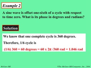 Example 2 A sine wave is offset one-sixth of a cycle with respect to time zero. What is its phase in degrees and radians? Solution We know that one complete cycle is 360 degrees.  Therefore, 1/6 cycle is (1/6) 360 = 60 degrees = 60 x 2   /360 rad = 1.046 rad   