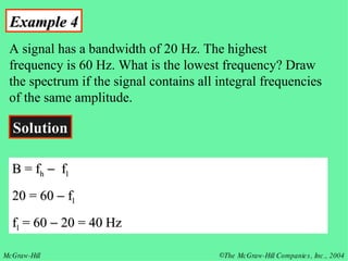 Example 4 A signal has a bandwidth of 20 Hz. The highest frequency is 60 Hz. What is the lowest frequency? Draw the spectrum if the signal contains all integral frequencies of the same amplitude. Solution B = f h      f l 20 = 60   f l f l  = 60   20 = 40 Hz 