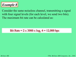 Example 8 Consider the same noiseless channel, transmitting a signal with four signal levels (for each level, we send two bits). The maximum bit rate can be calculated as: Bit Rate = 2 x 3000 x log 2  4 = 12,000 bps 