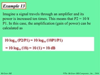 Example 13 Imagine a signal travels through an amplifier and its power is increased ten times. This means that P2 = 10 ¥ P1. In this case, the amplification (gain of power) can be calculated as 10 log 10  (P2/P1) = 10 log 10  (10P1/P1)  = 10 log 10  (10) = 10 (1) = 10 dB 