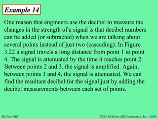 Example 14 One reason that engineers use the decibel to measure the changes in the strength of a signal is that decibel numbers can be added (or subtracted) when we are talking about several points instead of just two (cascading). In Figure 3.22 a signal travels a long distance from point 1 to point 4. The signal is attenuated by the time it reaches point 2. Between points 2 and 3, the signal is amplified. Again, between points 3 and 4, the signal is attenuated. We can find the resultant decibel for the signal just by adding the decibel measurements between each set of points. 
